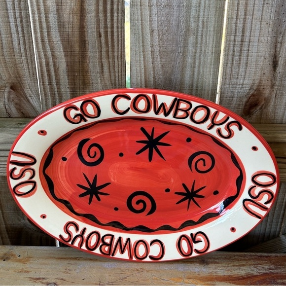 2 Pieces Vintage Gail Pittman 01 Hand Painted OSU Go Cowboys Oval Platter & Bowl - Picture 2 of 13
